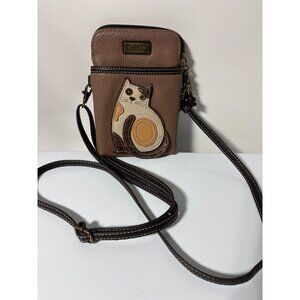 Chala Crossbody Cell Phone‎ Purse Cat Design In Brown Faux Leather
